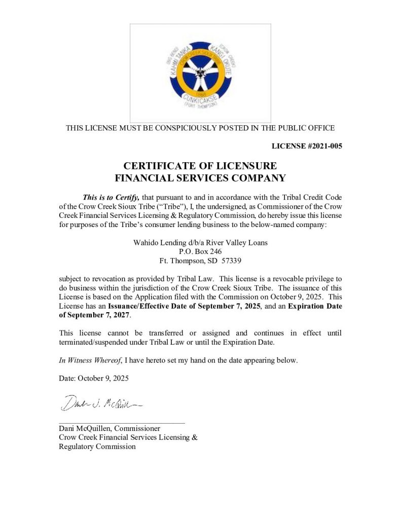 Rivervalley Loans Financial Services License